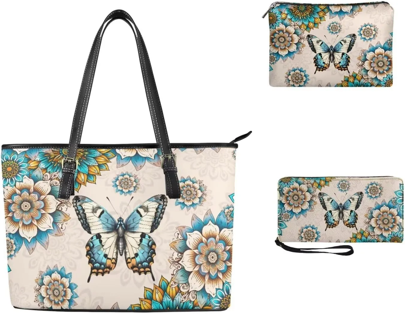 Shoulder Bag Set Leather Tote Handbags with Portable Makeup Bag and Wristlet Wallet for Women, 3 Pieces