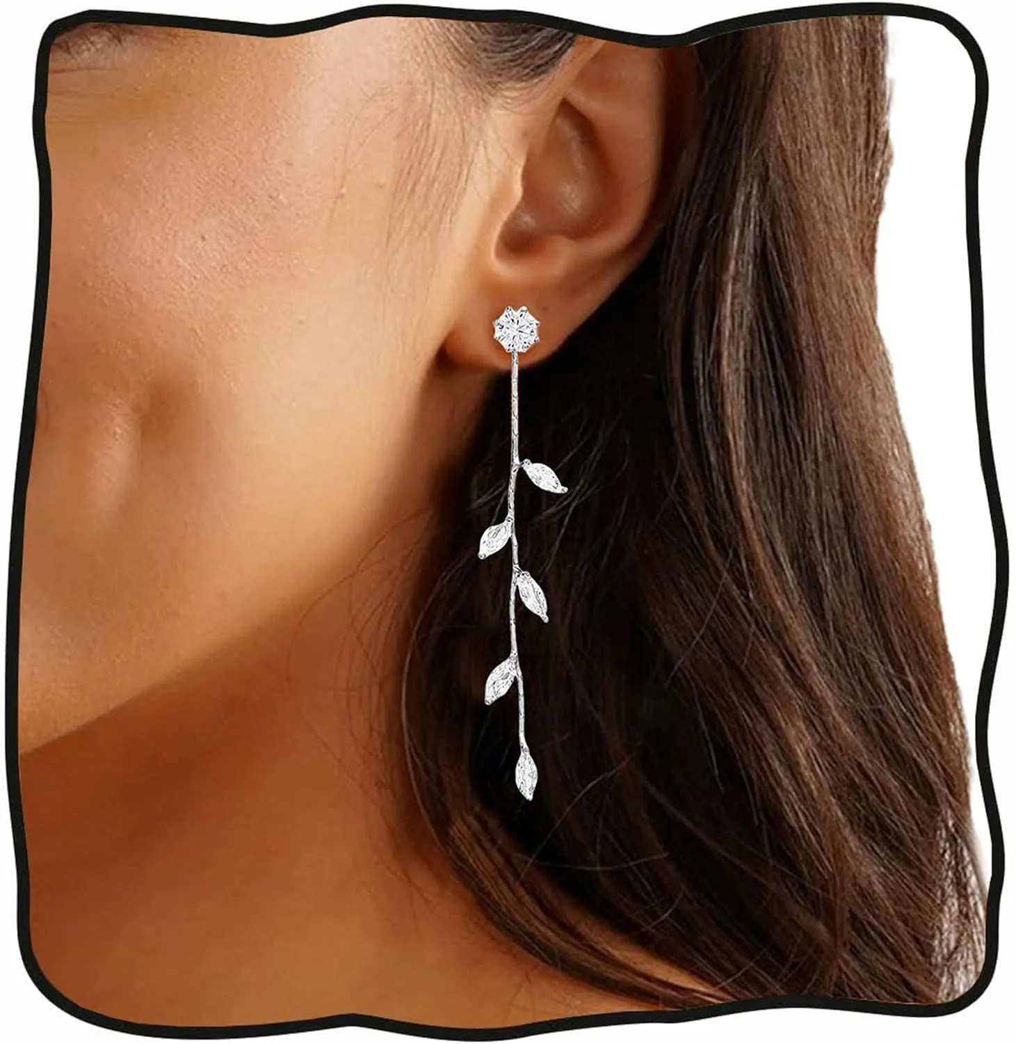 Silver Crystal Dangle Earrings Long Leaf Drop Earrings Dangling Cubiz Zirconia Threader Earrings Bridal Wedding Drop Earrings Prom Party Jewelry