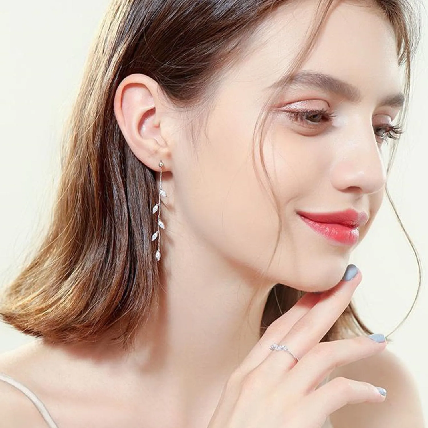 Silver Crystal Dangle Earrings Long Leaf Drop Earrings Dangling Cubiz Zirconia Threader Earrings Bridal Wedding Drop Earrings Prom Party Jewelry