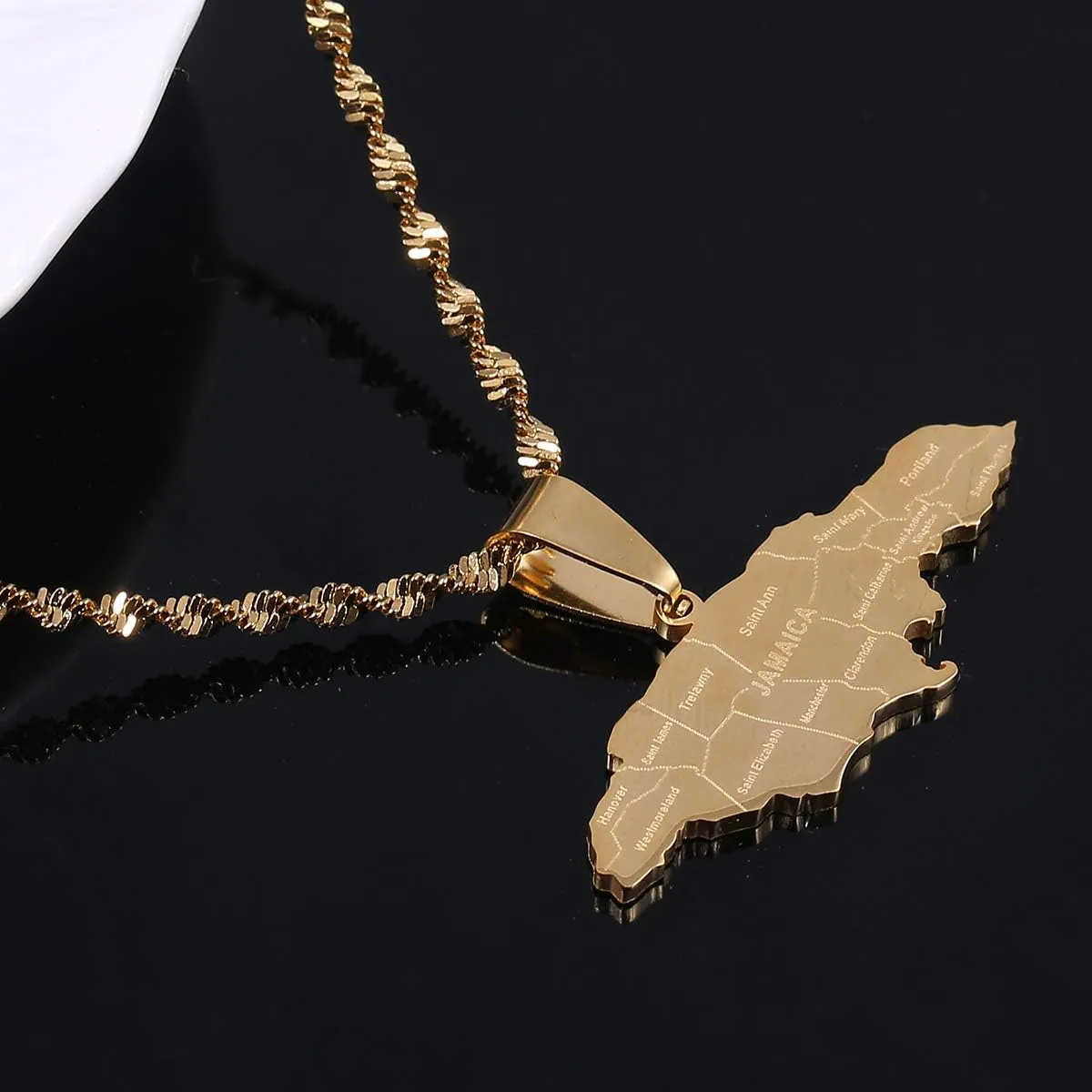 Silver Stainless Steel Jamaica Map Pendant Necklaces Jewellery Heart Jamaican Map Jewelry