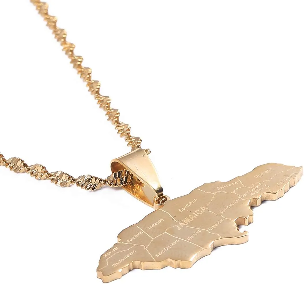 Silver Stainless Steel Jamaica Map Pendant Necklaces Jewellery Heart Jamaican Map Jewelry