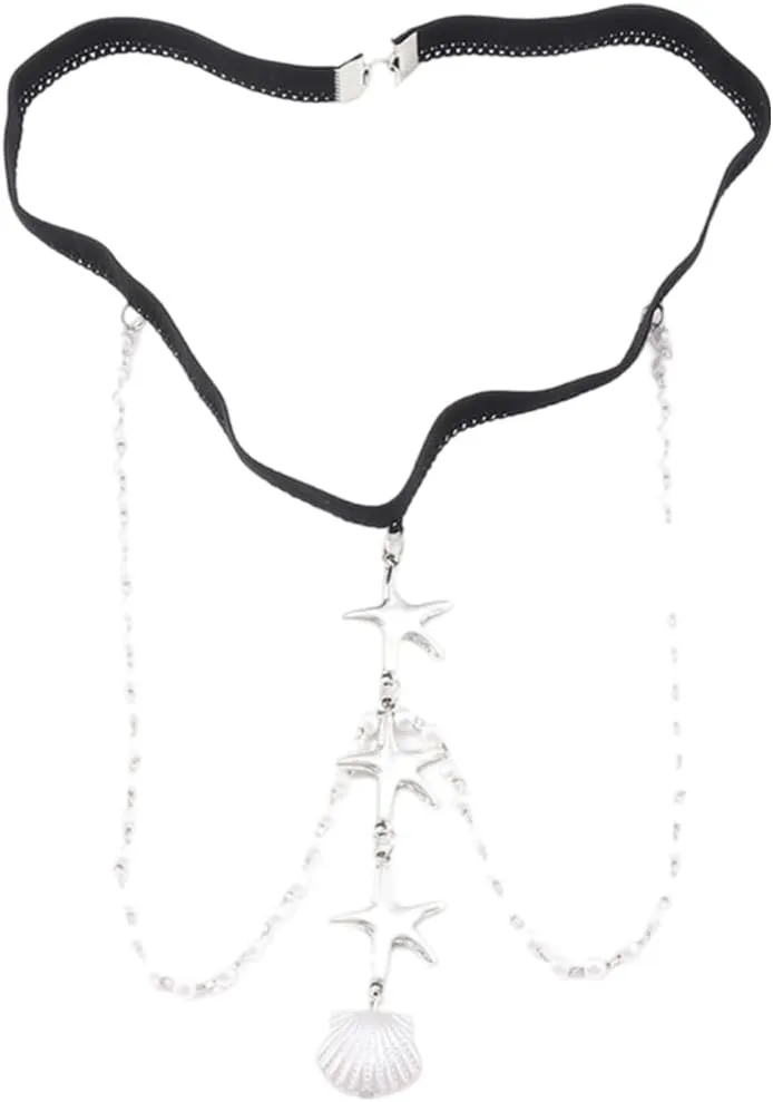Silver Star Shell Thigh Chain Jewelry Summer Beach Pearl Bead Seashell Tassel Elastic Leg Chain Alloy Sexy Charm Body Lace Garter for Women Rave Bikini Party Prom Outfit Club Accessories