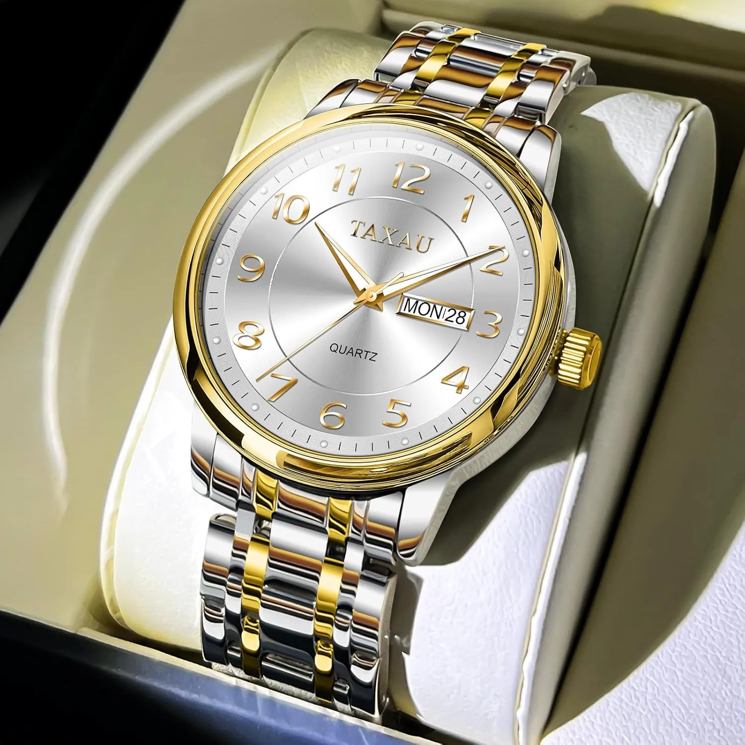 Silver Watch for Men Wrist Watches Luxury Stainless Steel Silver Band Watches for Mens Analog Waterproof Quartz Business Classic Minimalist Casual Dress Men's with Day Date