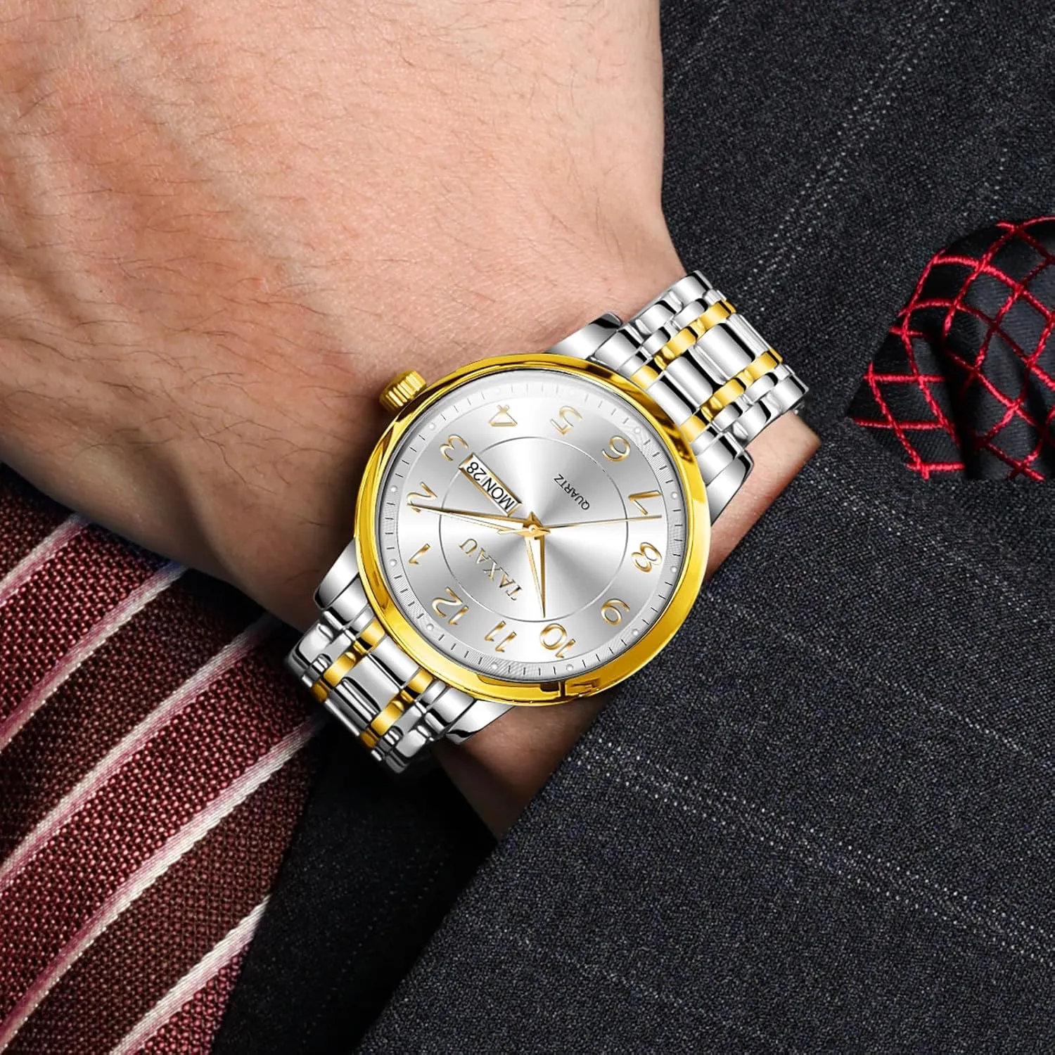 Silver Watch for Men Wrist Watches Luxury Stainless Steel Silver Band Watches for Mens Analog Waterproof Quartz Business Classic Minimalist Casual Dress Men's with Day Date