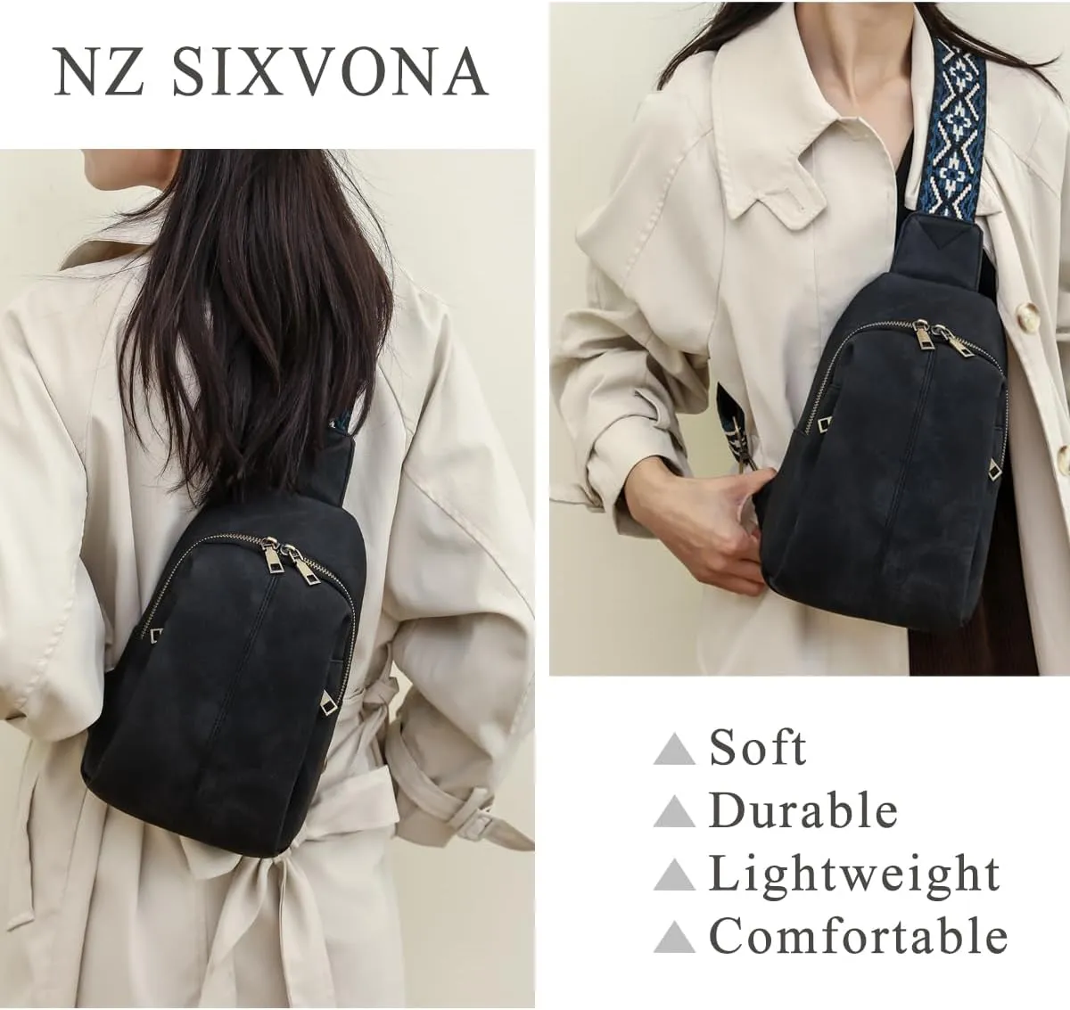 SIXVONA Sling Bag for Women, Leather Crossbody Bags Soft Leather Fanny Pack Chest Bag for Travel, Work, Sport, Outdoor