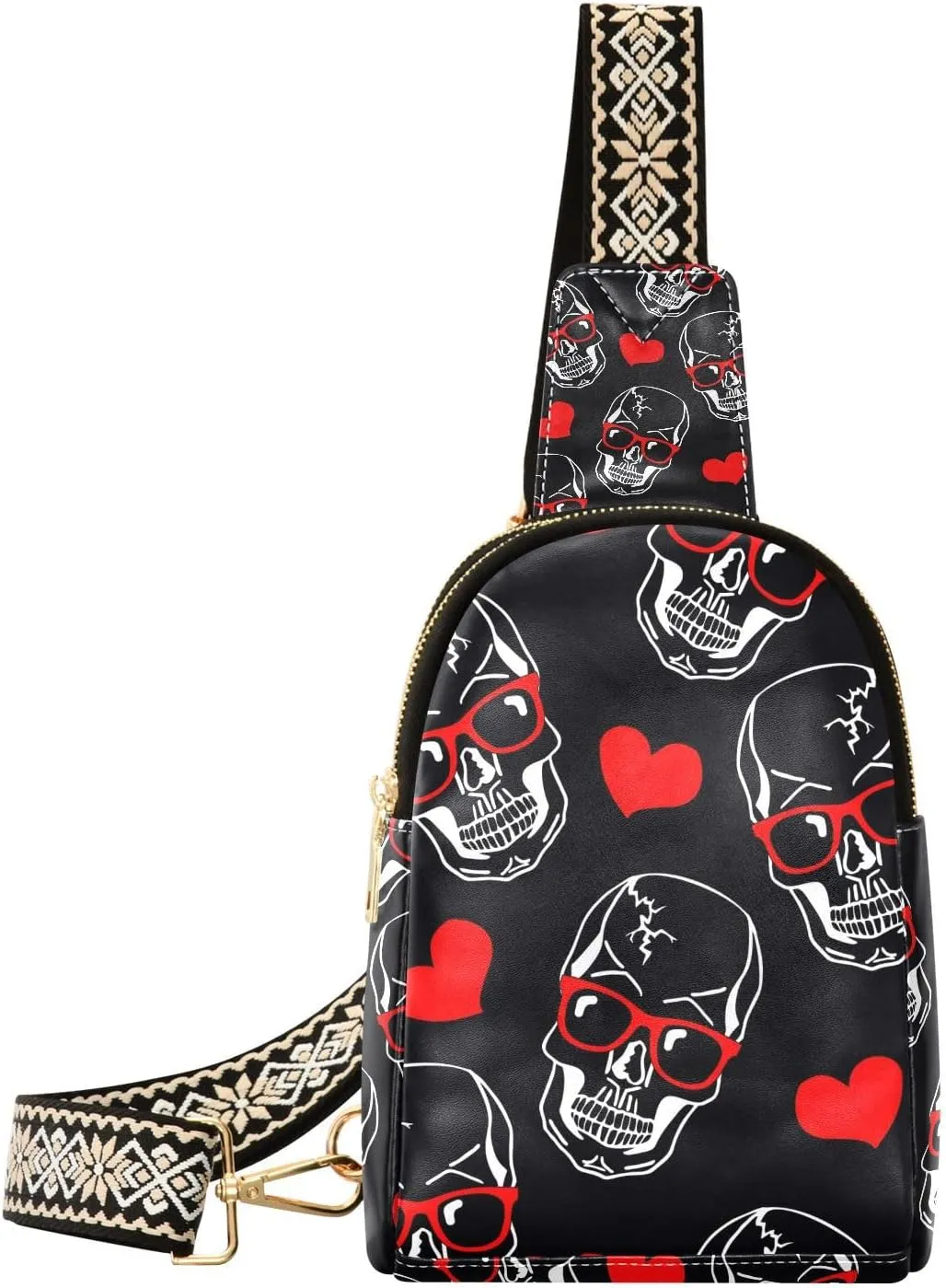 Skulls Small Sling Bag for Women,Leather Fanny Pack,Crossbody Waist Bag With Adjustable Guitar Strap
