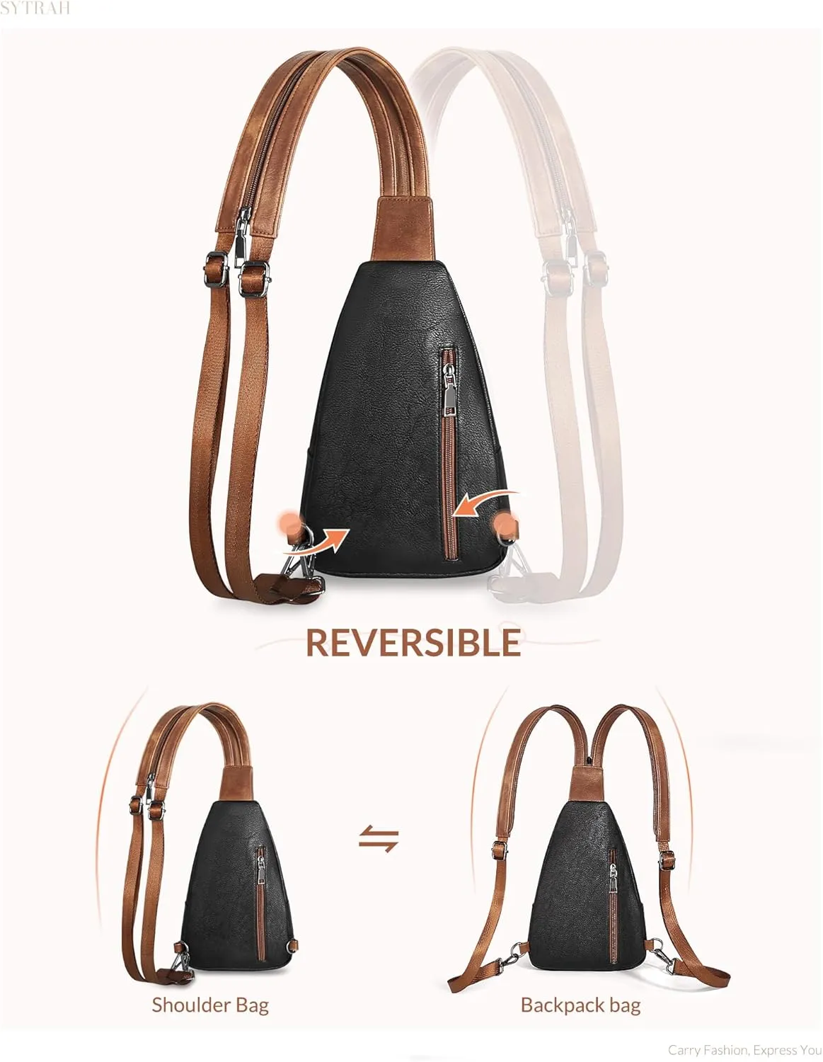 Sling Bag for Women, Crossbody Bags for Women Trendy Crossbody Purse Vegan Leather Sling Backpack Chest Bag with Dual Purpose Strap, Black Brown