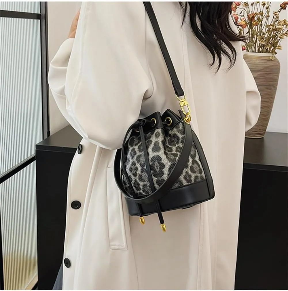 Small Leather Drawstring Bucket Bag for Women Leopard Print Satchel Hobo Bucket Handbag and Purse Cheetah Drawstring Bag