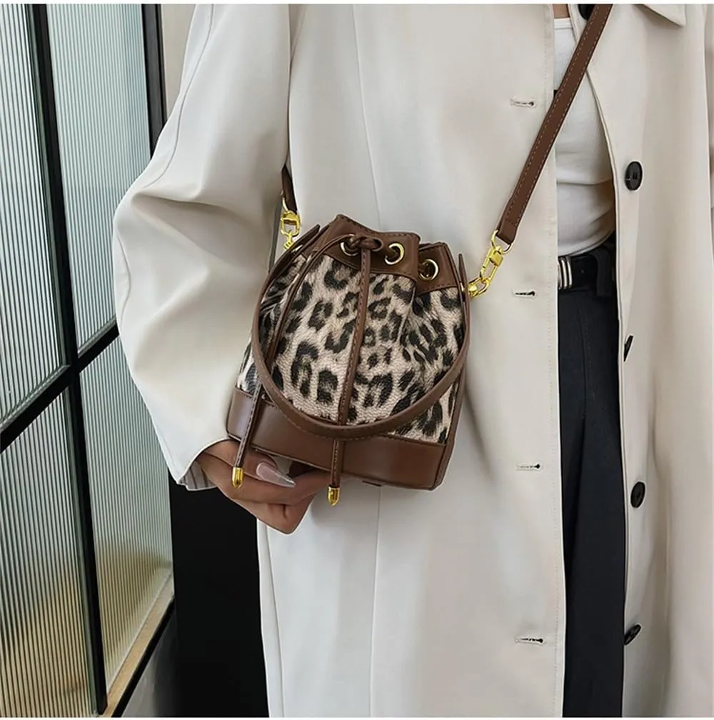 Small Leather Drawstring Bucket Bag for Women Leopard Print Satchel Hobo Bucket Handbag and Purse Cheetah Drawstring Bag