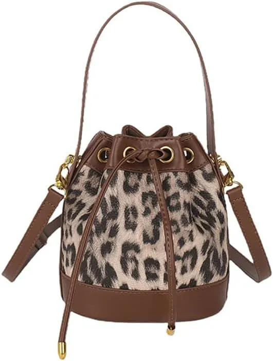 Small Leather Drawstring Bucket Bag for Women Leopard Print Satchel Hobo Bucket Handbag and Purse Cheetah Drawstring Bag