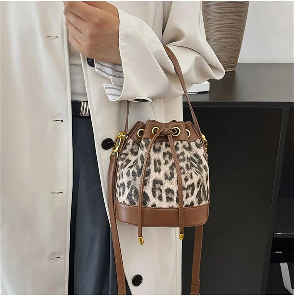 Small Leather Drawstring Bucket Bag for Women Leopard Print Satchel Hobo Bucket Handbag and Purse Cheetah Drawstring Bag