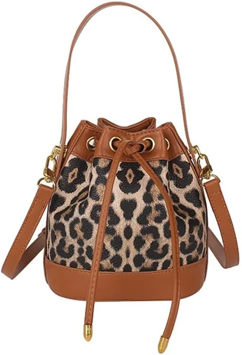 Small Leather Drawstring Bucket Bag for Women Leopard Print Satchel Hobo Bucket Handbag and Purse Cheetah Drawstring Bag