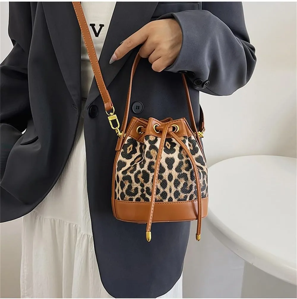 Small Leather Drawstring Bucket Bag for Women Leopard Print Satchel Hobo Bucket Handbag and Purse Cheetah Drawstring Bag