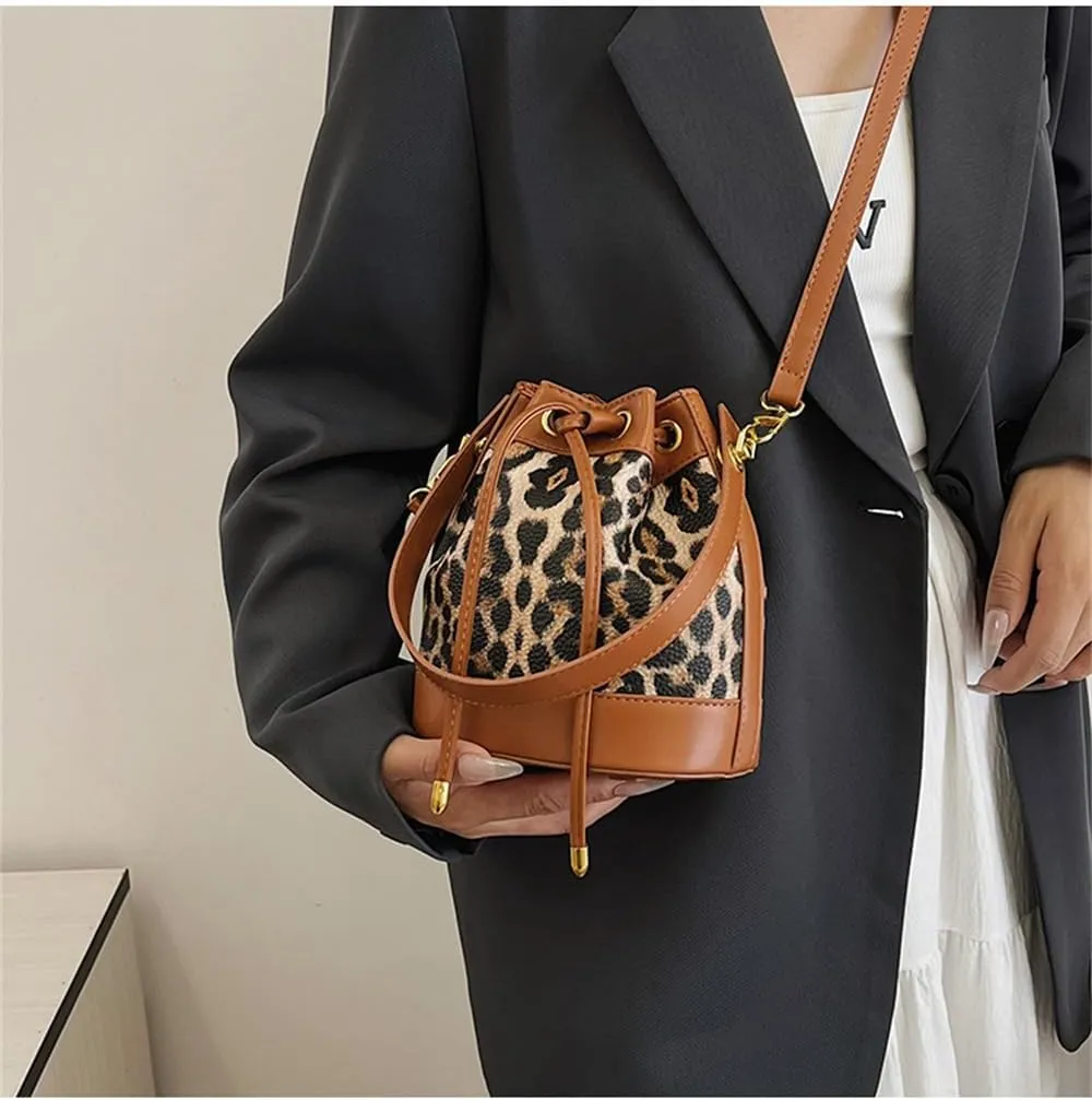 Small Leather Drawstring Bucket Bag for Women Leopard Print Satchel Hobo Bucket Handbag and Purse Cheetah Drawstring Bag