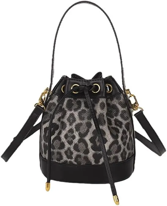Small Leather Drawstring Bucket Bag for Women Leopard Print Satchel Hobo Bucket Handbag and Purse Cheetah Drawstring Bag