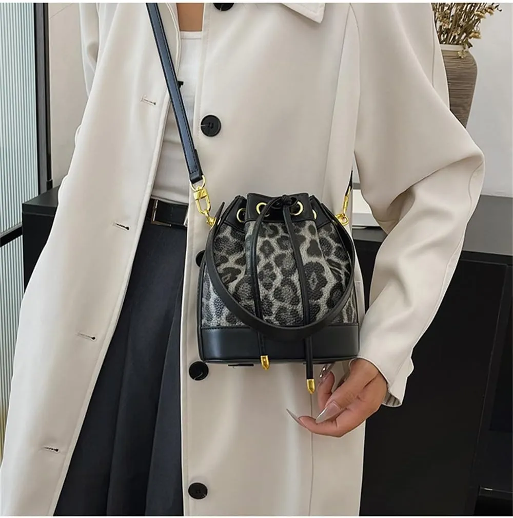 Small Leather Drawstring Bucket Bag for Women Leopard Print Satchel Hobo Bucket Handbag and Purse Cheetah Drawstring Bag