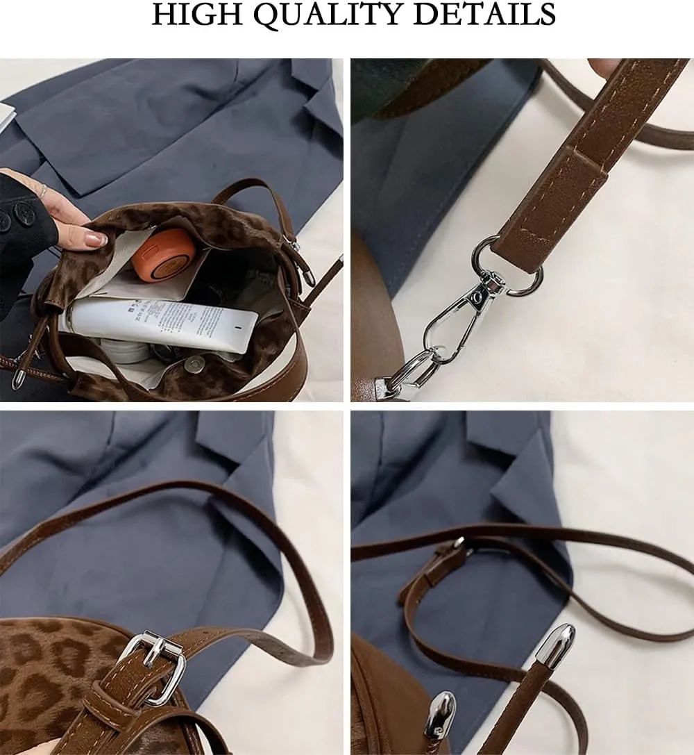 Small Leopard Drawstring Bucket Tote Bag Mini Cheetah Print Crossbody Drawstring Handbag and Purse Retro Leopard Purse