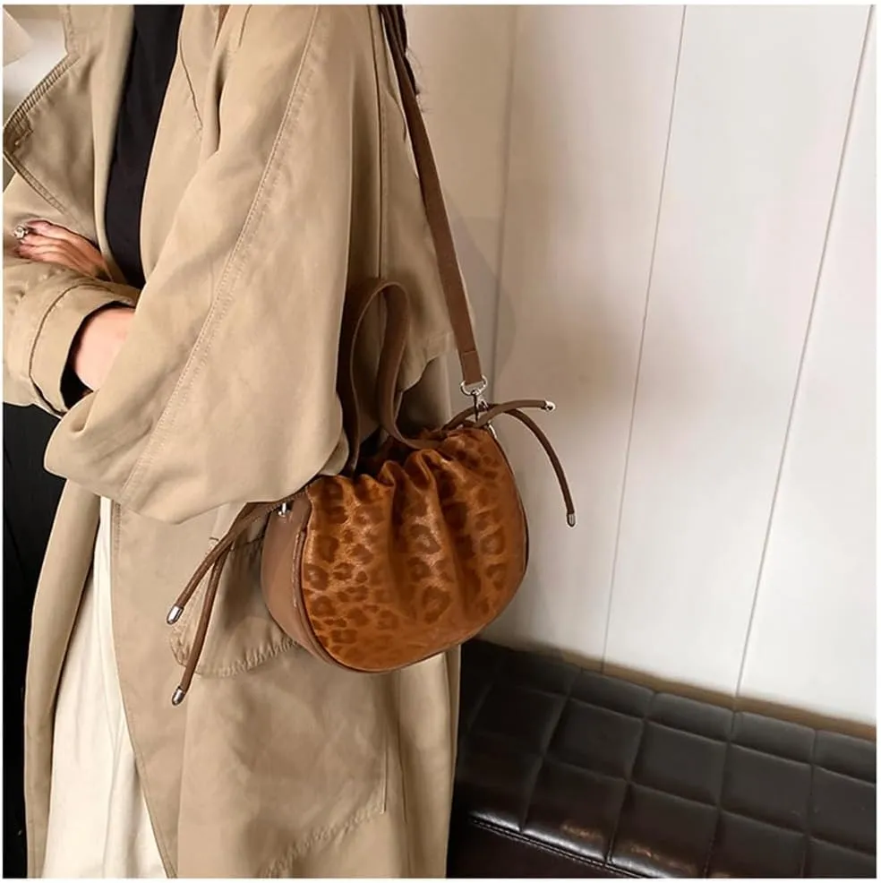 Small Leopard Drawstring Bucket Tote Bag Mini Cheetah Print Crossbody Drawstring Handbag and Purse Retro Leopard Purse