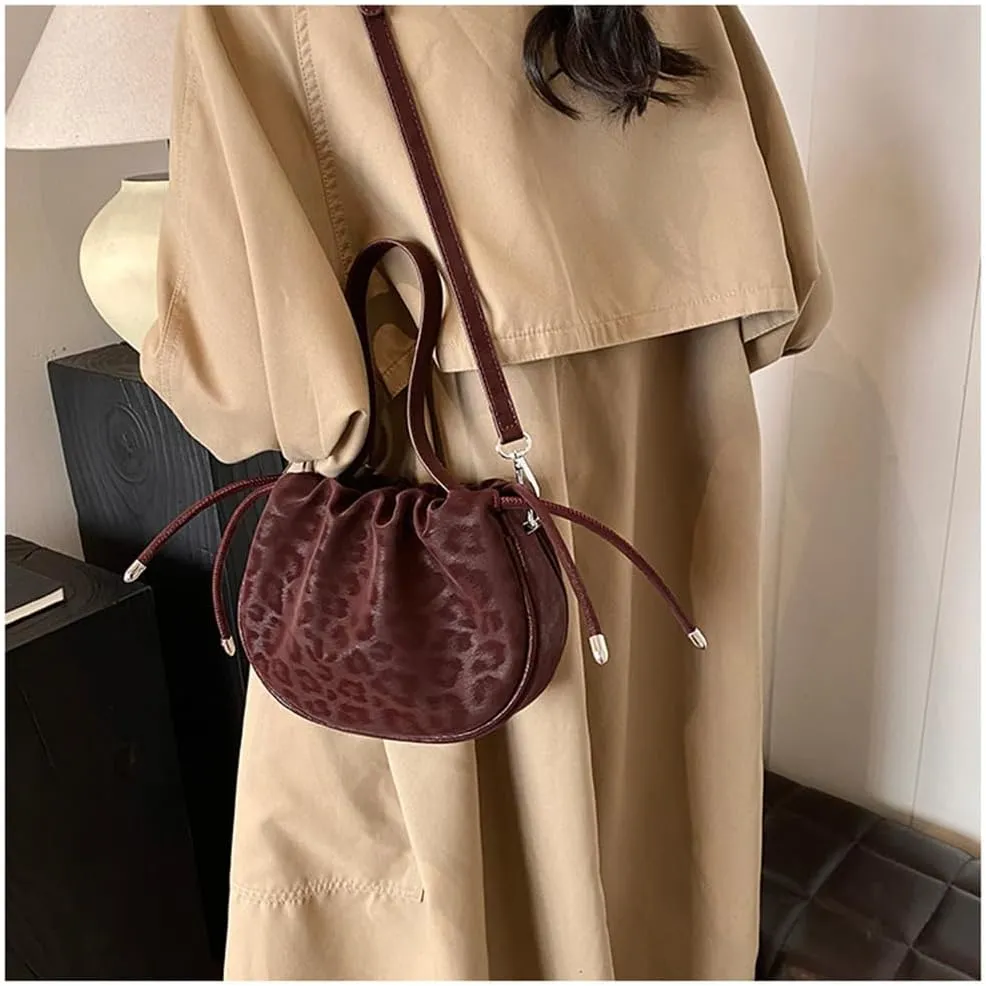Small Leopard Drawstring Bucket Tote Bag Mini Cheetah Print Crossbody Drawstring Handbag and Purse Retro Leopard Purse