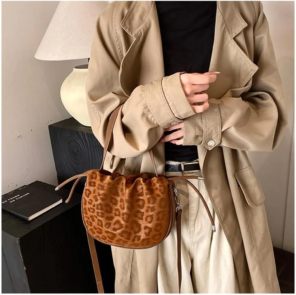 Small Leopard Drawstring Bucket Tote Bag Mini Cheetah Print Crossbody Drawstring Handbag and Purse Retro Leopard Purse