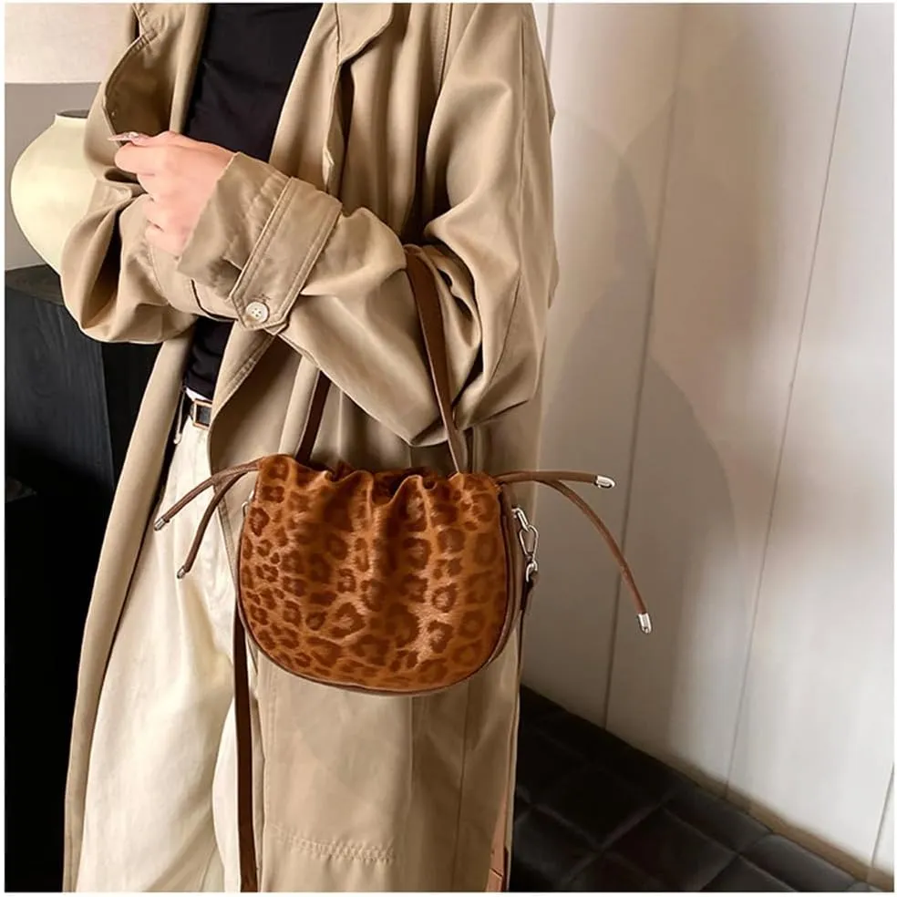 Small Leopard Drawstring Bucket Tote Bag Mini Cheetah Print Crossbody Drawstring Handbag and Purse Retro Leopard Purse