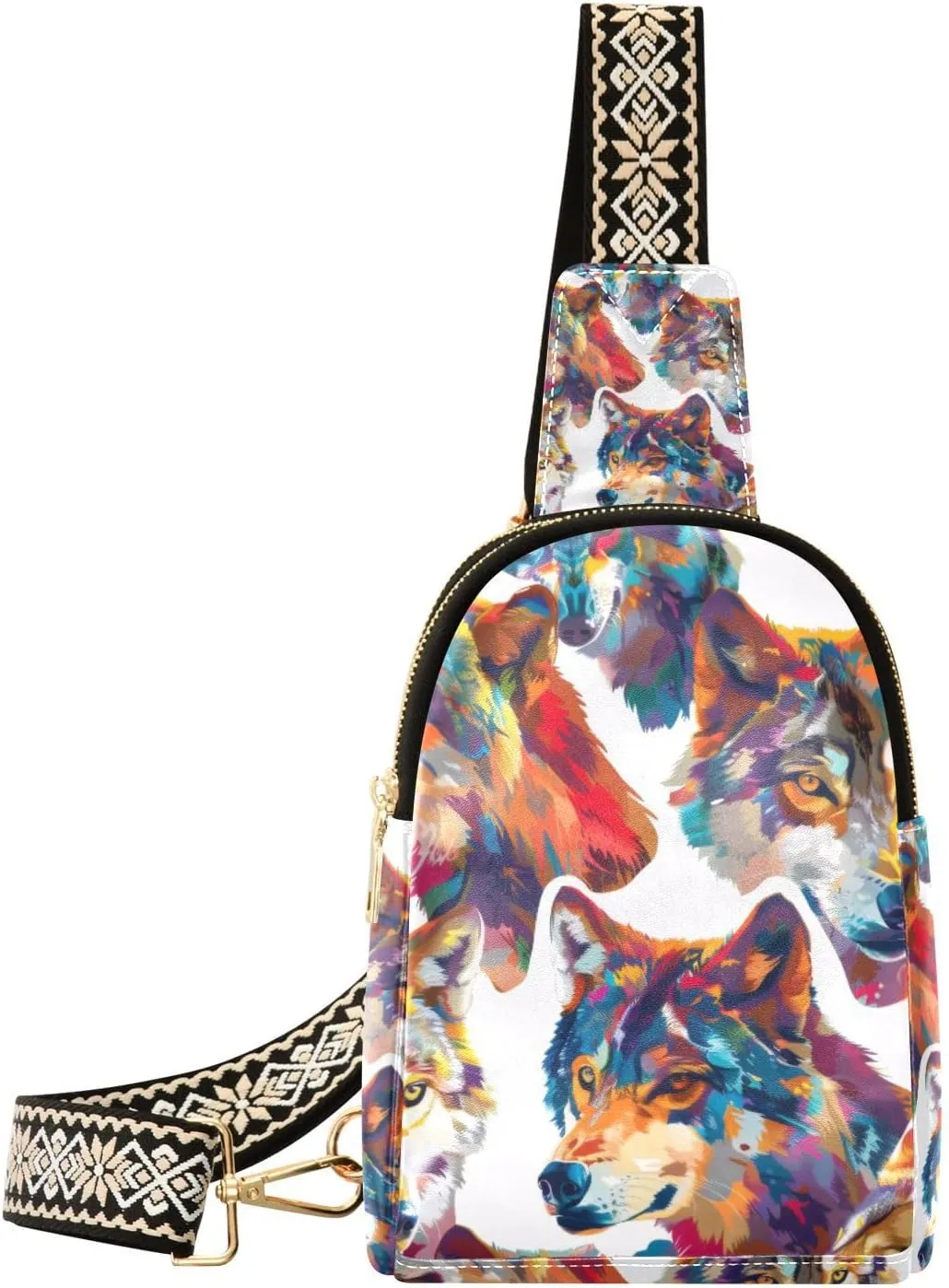 Small Sling Bag for Women Colorful Wolves Fanny Pack Faux Leather Crossbody Bags Lightweight Chest Bag