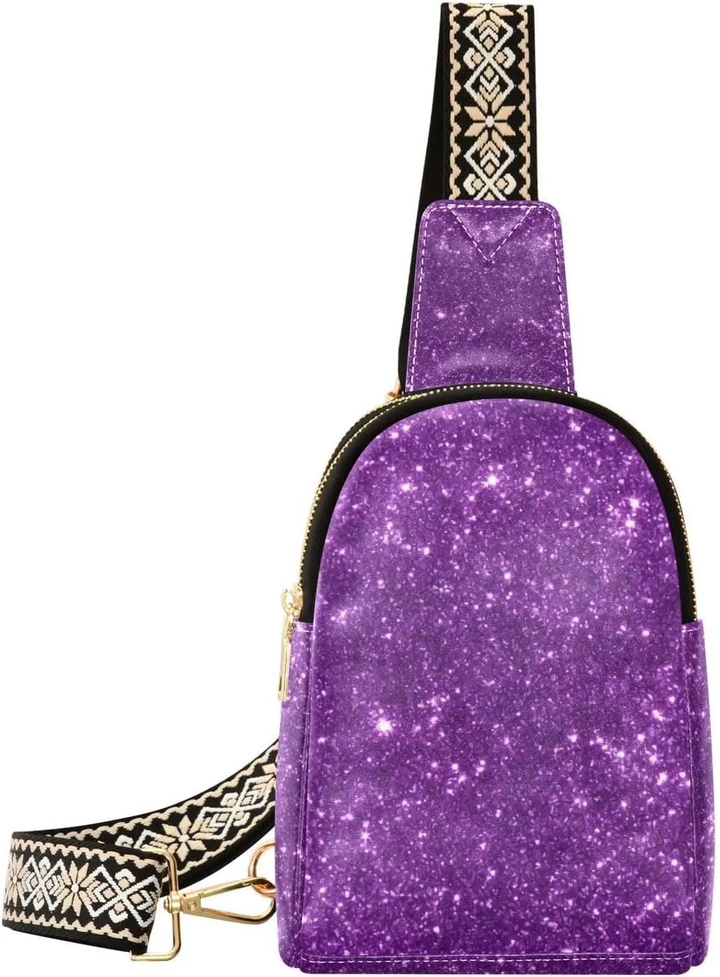 Small Sling Bag for Women Purple Glitter Texture Fanny Pack Faux Leather Crossbody Bags Lightweight Chest Bag