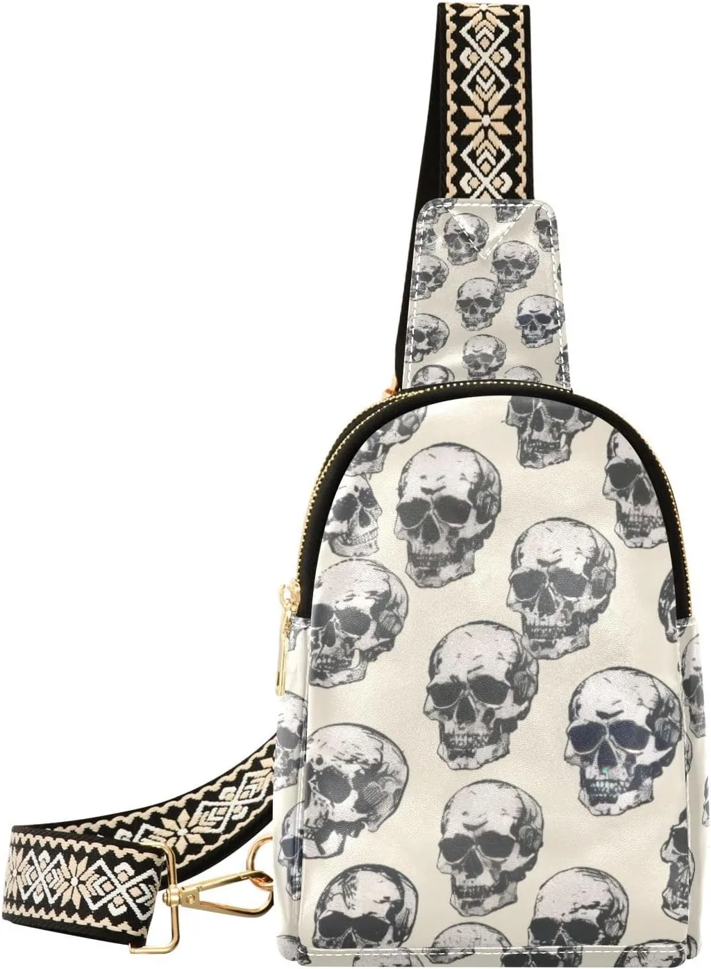 Small Sling Bag for Women Skull Pattern Fanny Pack Faux Leather Crossbody Bags Lightweight Chest Bag
