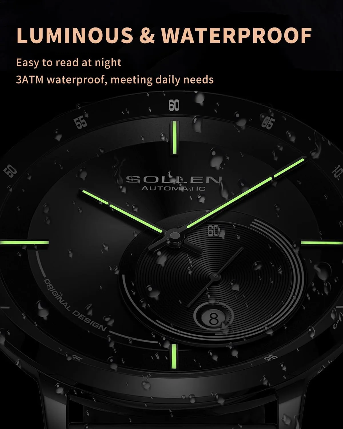 SOLLEN Automatic Watches for Men, Minimalist and Slim Mechanical Watch, Waterproof Men's Wrist Watch with Flywheel & Luminous Function - Gift for Male