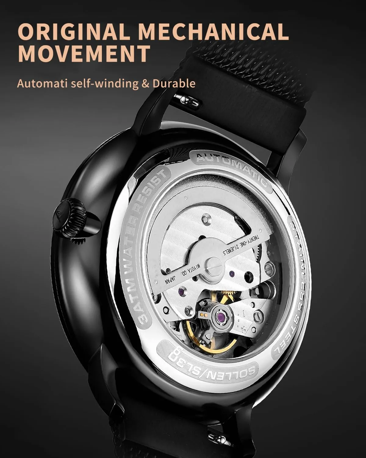 SOLLEN Automatic Watches for Men, Minimalist and Slim Mechanical Watch, Waterproof Men's Wrist Watch with Flywheel & Luminous Function - Gift for Male