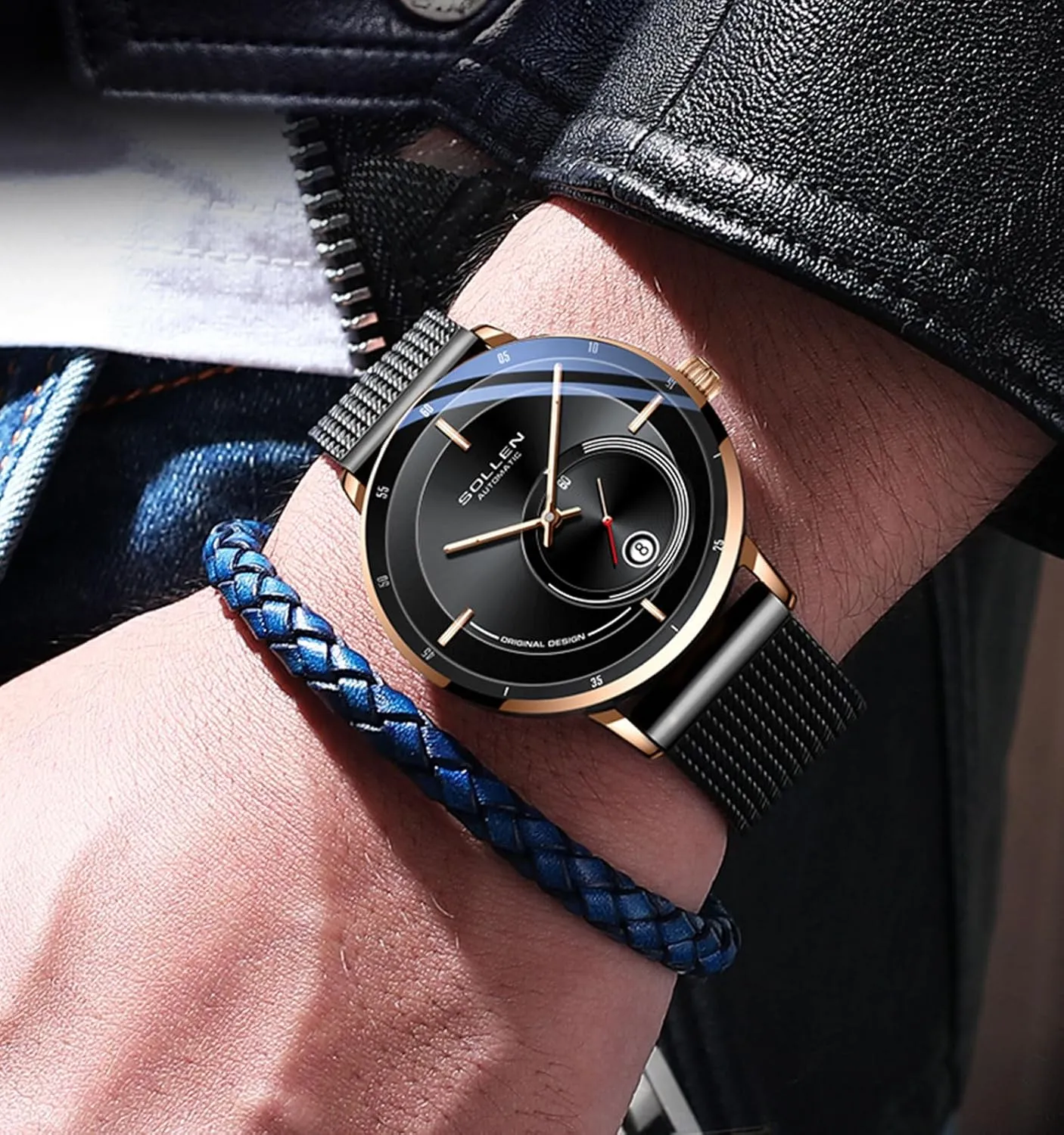 SOLLEN Automatic Watches for Men, Minimalist and Slim Mechanical Watch, Waterproof Men's Wrist Watch with Flywheel & Luminous Function - Gift for Male
