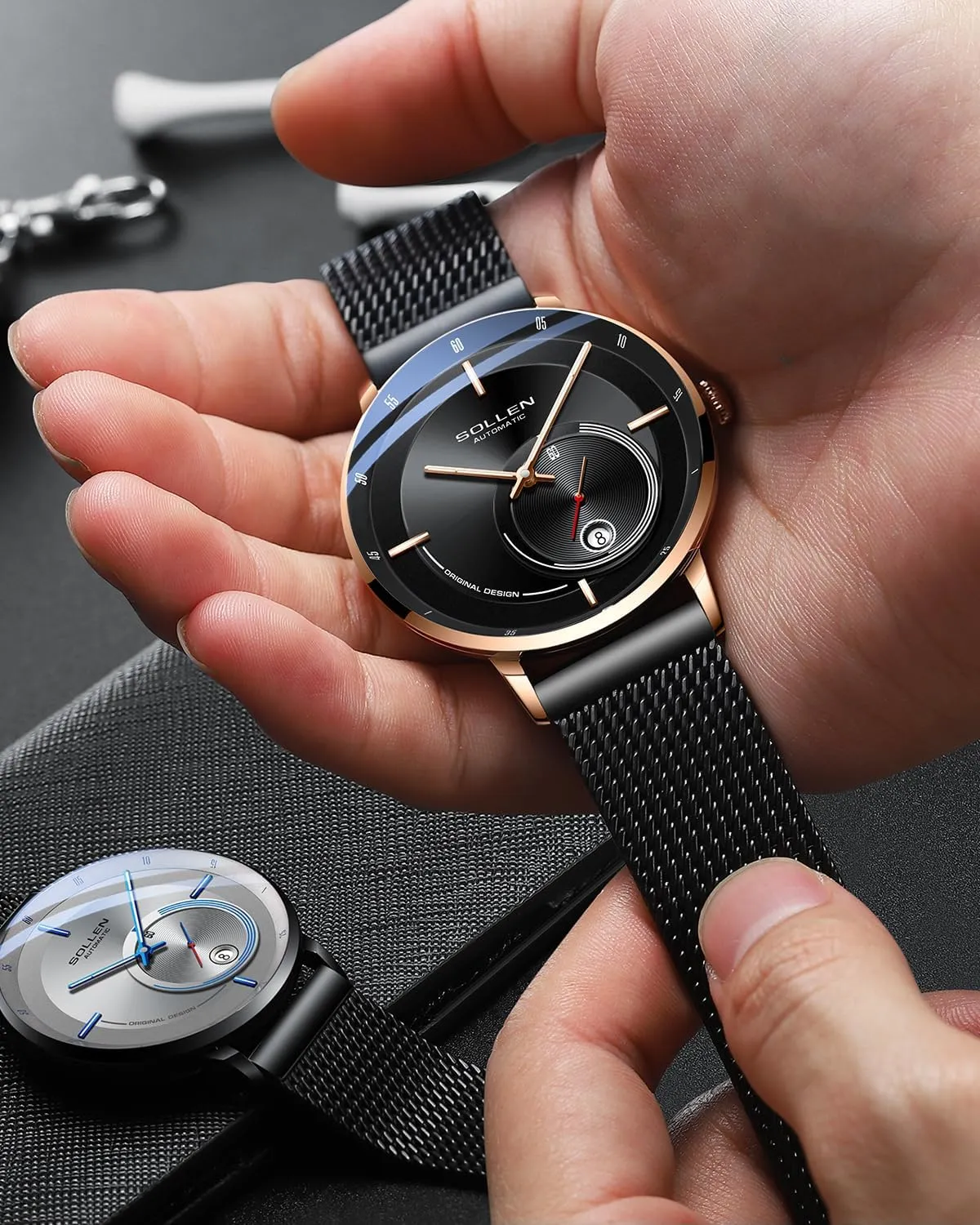 SOLLEN Automatic Watches for Men, Minimalist and Slim Mechanical Watch, Waterproof Men's Wrist Watch with Flywheel & Luminous Function - Gift for Male
