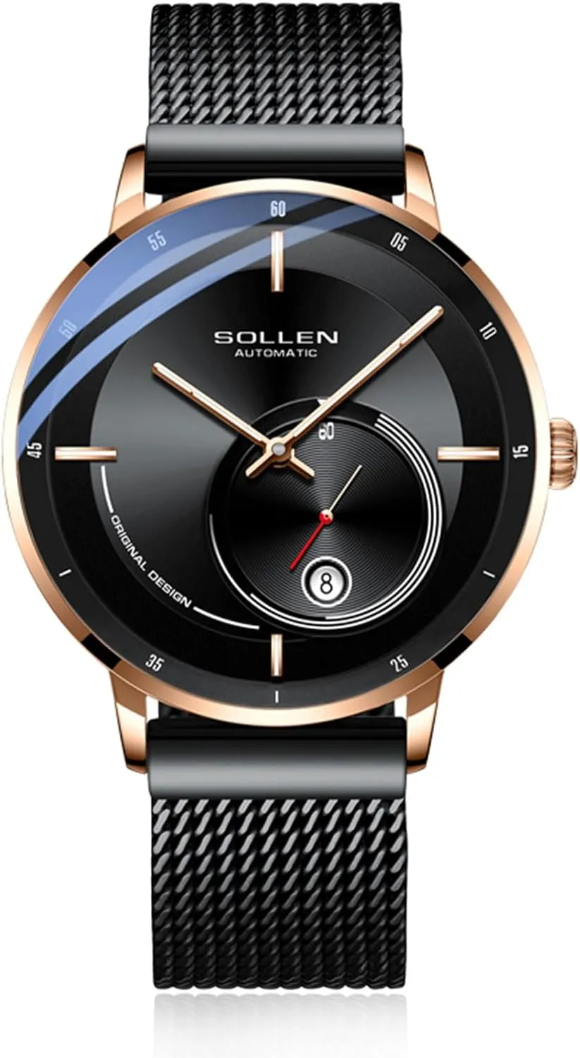 SOLLEN Automatic Watches for Men, Minimalist and Slim Mechanical Watch, Waterproof Men's Wrist Watch with Flywheel & Luminous Function - Gift for Male