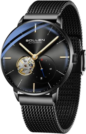 SOLLEN Men's Automatic Watch, Original Mechanical Movement - 3ATM Water Resistant - Skeleton Design & Luminous Hands - Small Second Dial & Stainless Steel Case, Minimalist Casual Slim Gifts for Men