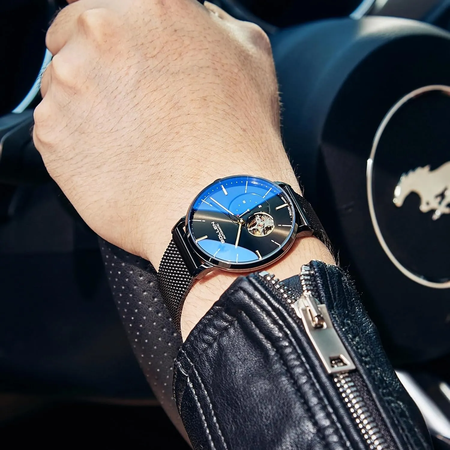 SOLLEN Men's Automatic Watch, Original Mechanical Movement - 3ATM Water Resistant - Skeleton Design & Luminous Hands - Small Second Dial & Stainless Steel Case, Minimalist Casual Slim Gifts for Men