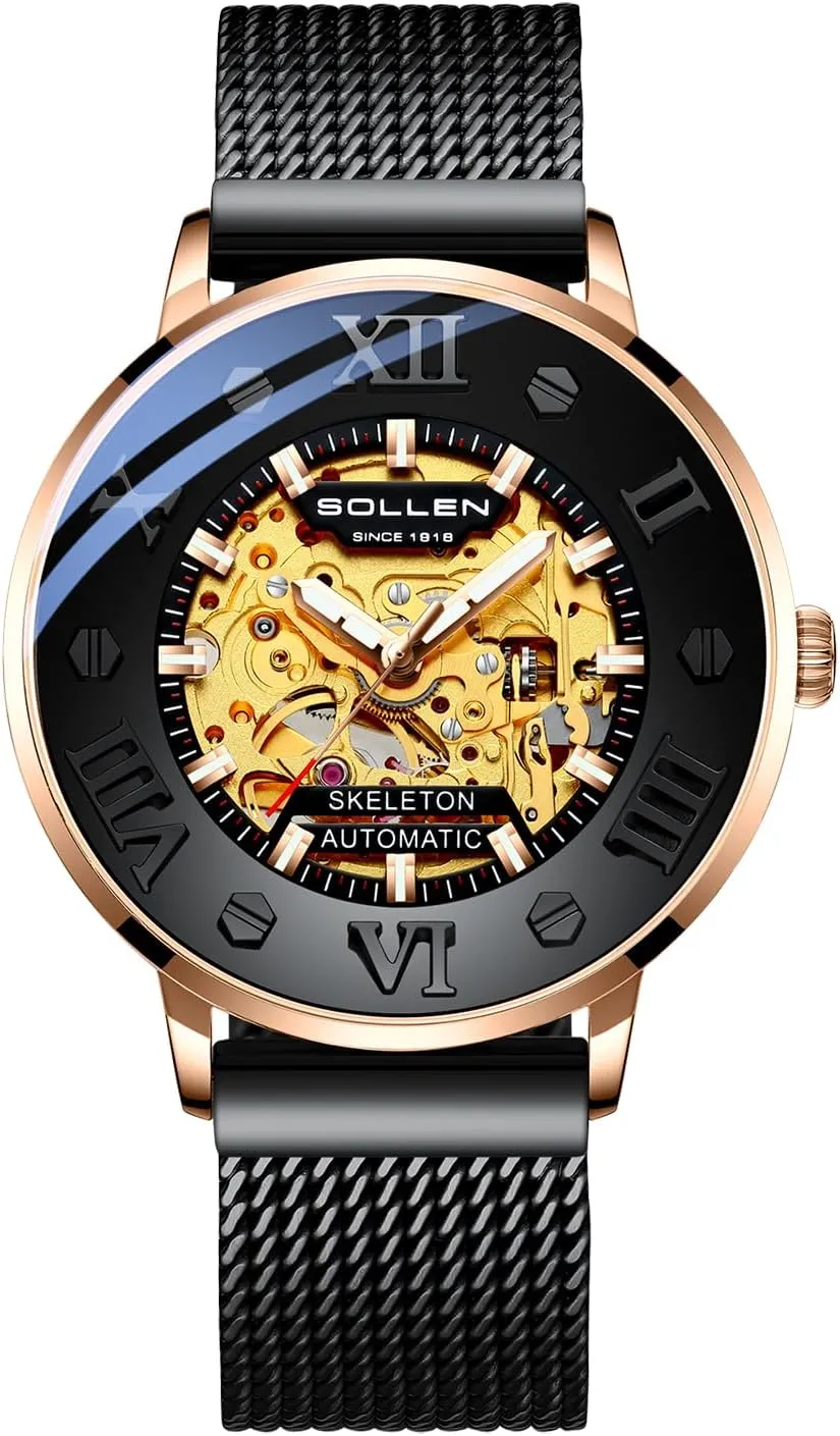 SOLLEN Men's Skeleton Automatic Watches, Original Mechanical Movement, 3 ATM Waterproof, Stainless Steel Case, Double-Sided Skeleton Self-Winding Wristwatch for Office & Daily Wear - Gift for Him