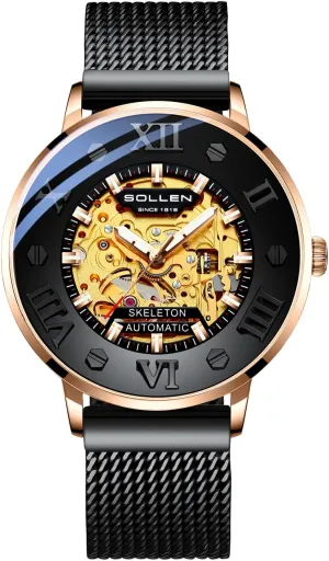 SOLLEN Men's Skeleton Automatic Watches, Original Mechanical Movement, 3 ATM Waterproof, Stainless Steel Case, Double-Sided Skeleton Self-Winding Wristwatch for Office & Daily Wear - Gift for Him
