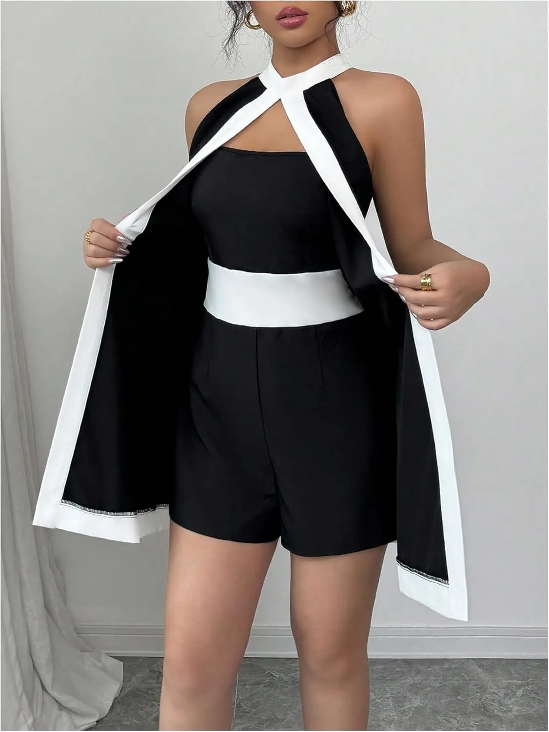 SOLY HUX Women's Color Block Halter Romper Split Front Sleeveless Elegant Short Jumpsuits