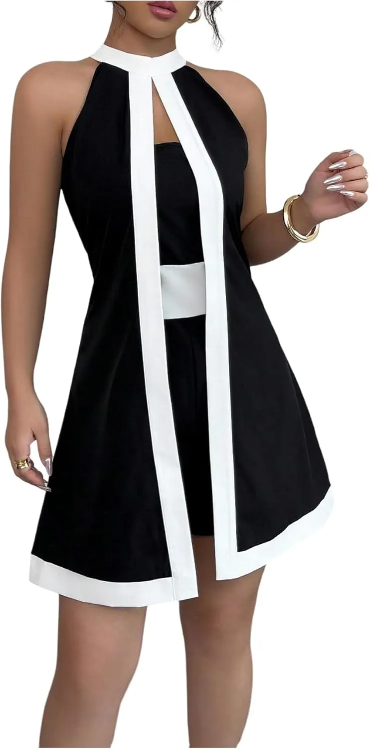 SOLY HUX Women's Color Block Halter Romper Split Front Sleeveless Elegant Short Jumpsuits