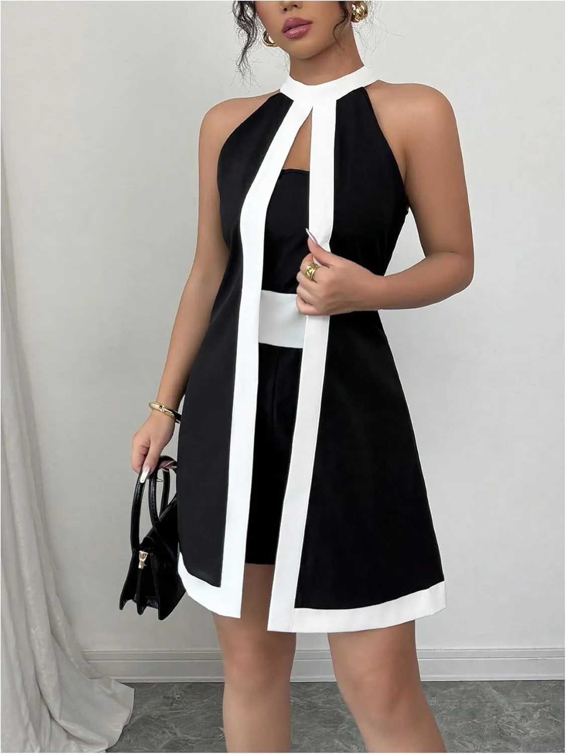 SOLY HUX Women's Color Block Halter Romper Split Front Sleeveless Elegant Short Jumpsuits