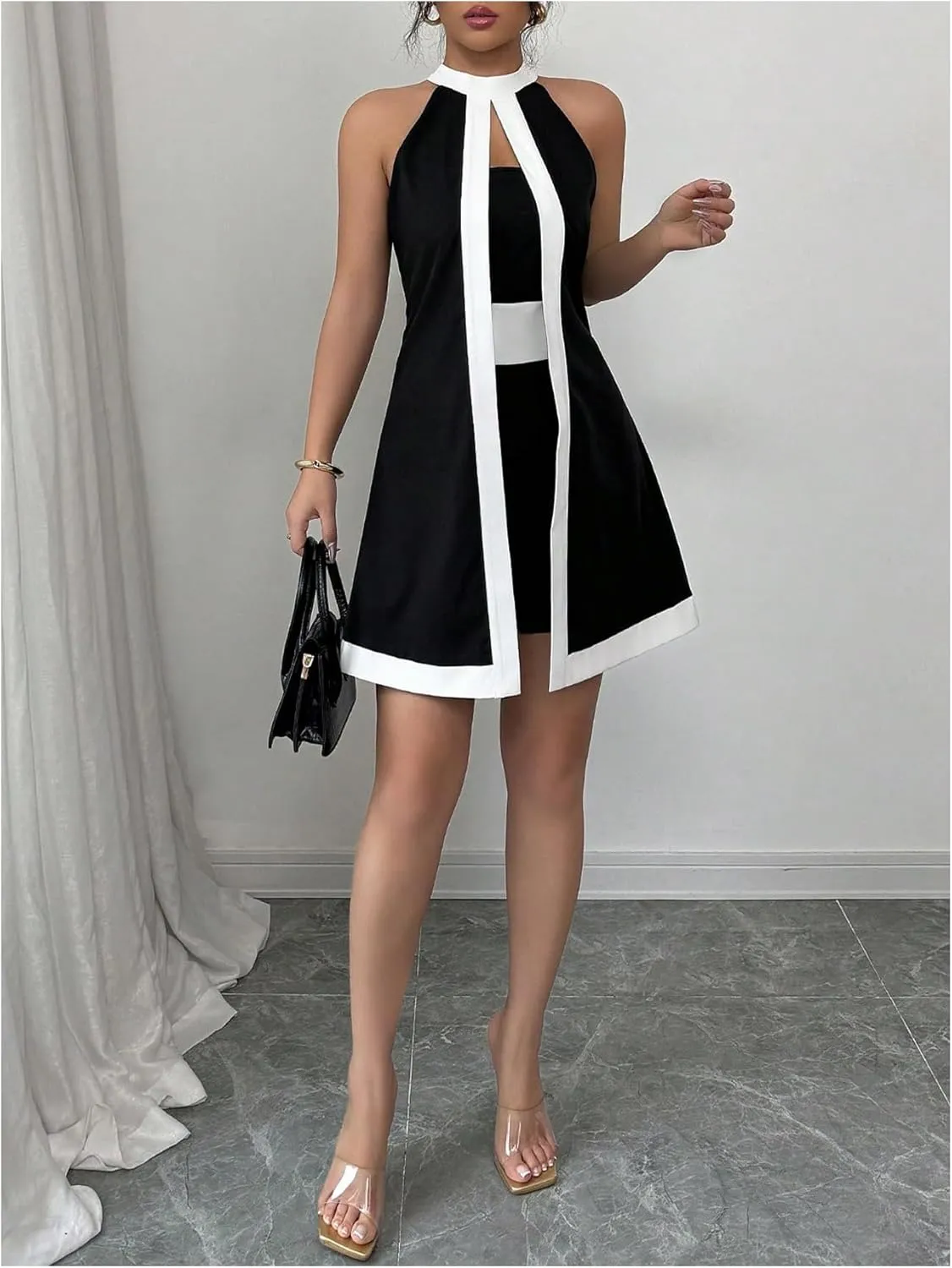 SOLY HUX Women's Color Block Halter Romper Split Front Sleeveless Elegant Short Jumpsuits