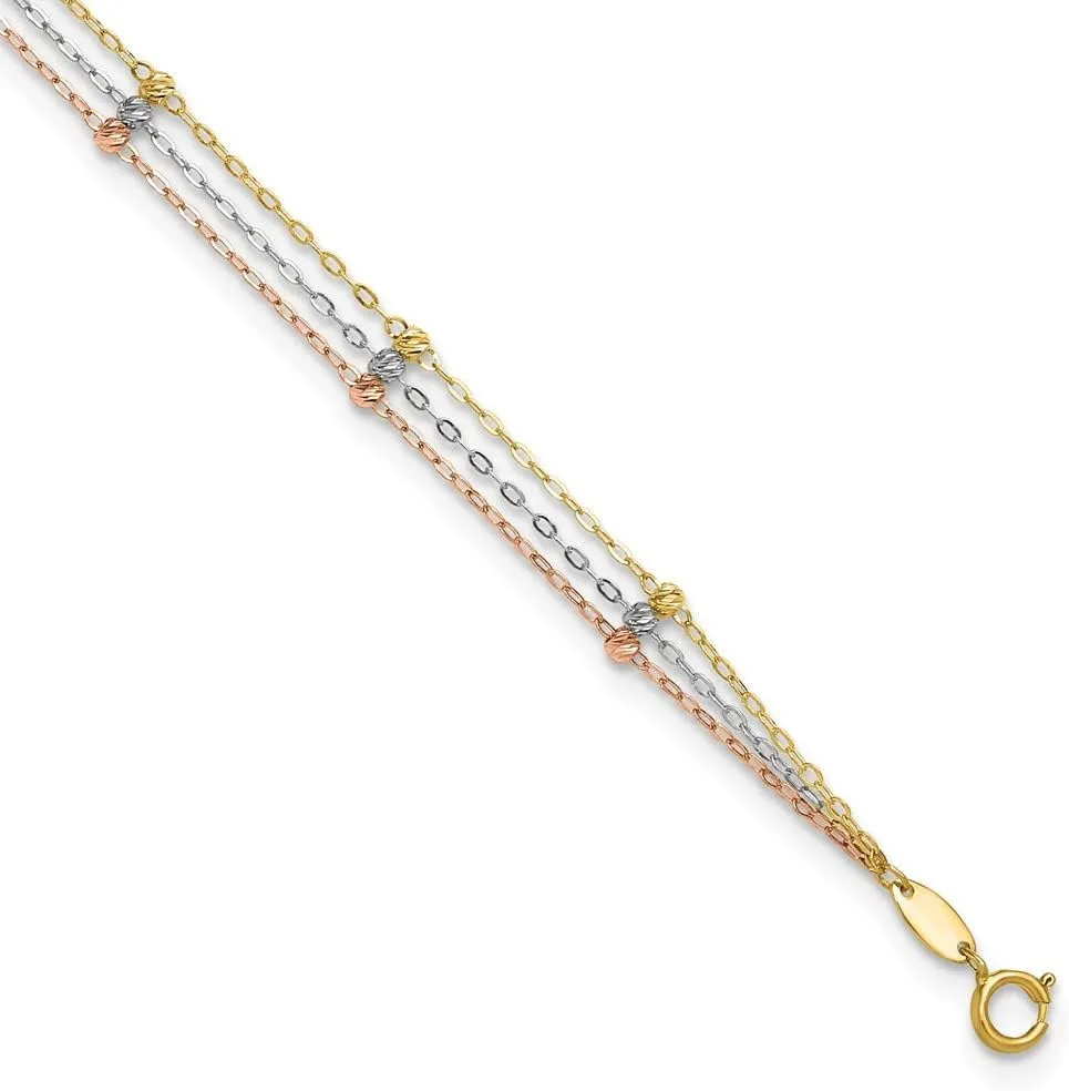 Sonia Jewels Real 14k Tri Three Color Gold 3-Strand Diamond-cut Beaded Anklet 10"