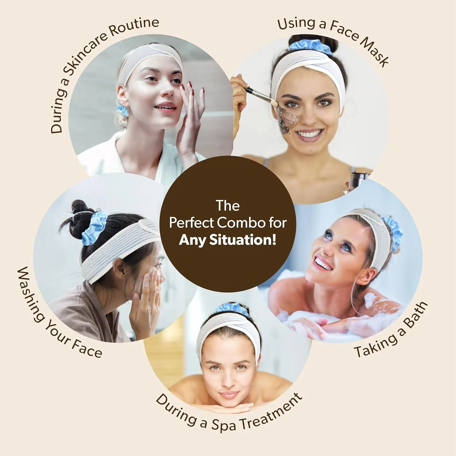Spa Headband - 100% Organic Cotton Towel Terry Cloth Women Facial Makeup Head Band Soft Head Wraps for Shower Washing Face Bath (Blue Headband Set)