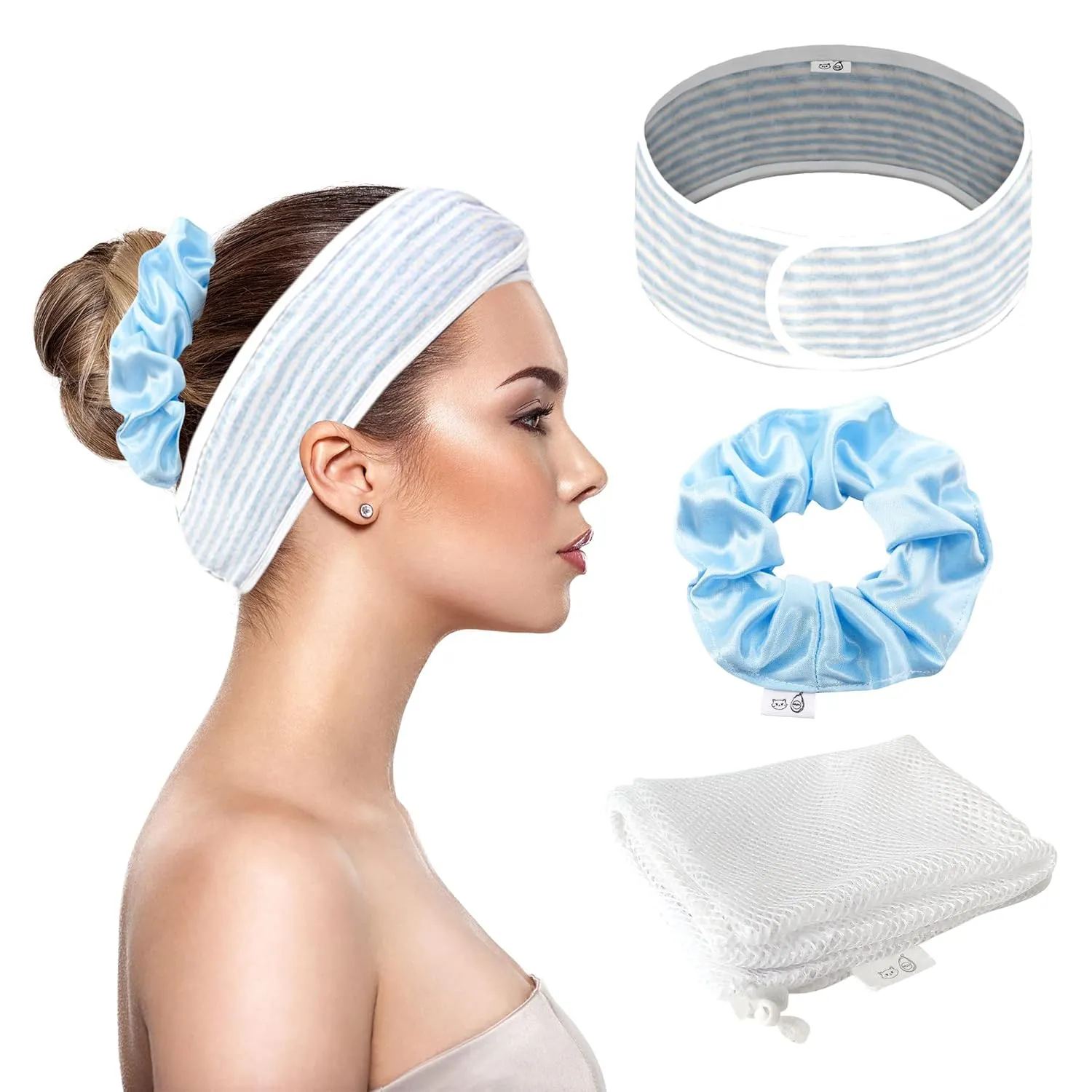 Spa Headband - 100% Organic Cotton Towel Terry Cloth Women Facial Makeup Head Band Soft Head Wraps for Shower Washing Face Bath (Blue Headband Set)