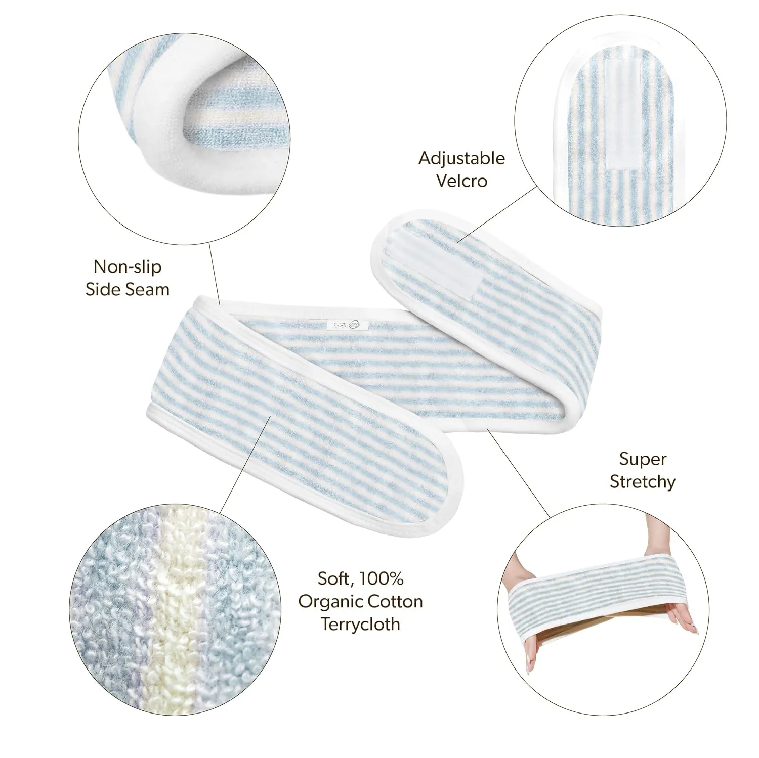 Spa Headband - 100% Organic Cotton Towel Terry Cloth Women Facial Makeup Head Band Soft Head Wraps for Shower Washing Face Bath (Blue Headband Set)