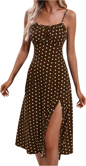 Spaghetti Strap Dresses for Women 2025 Polka Dot Dress Trendy Sleeveless Slit Summer Sundress Beach Holiday Sexy Dress