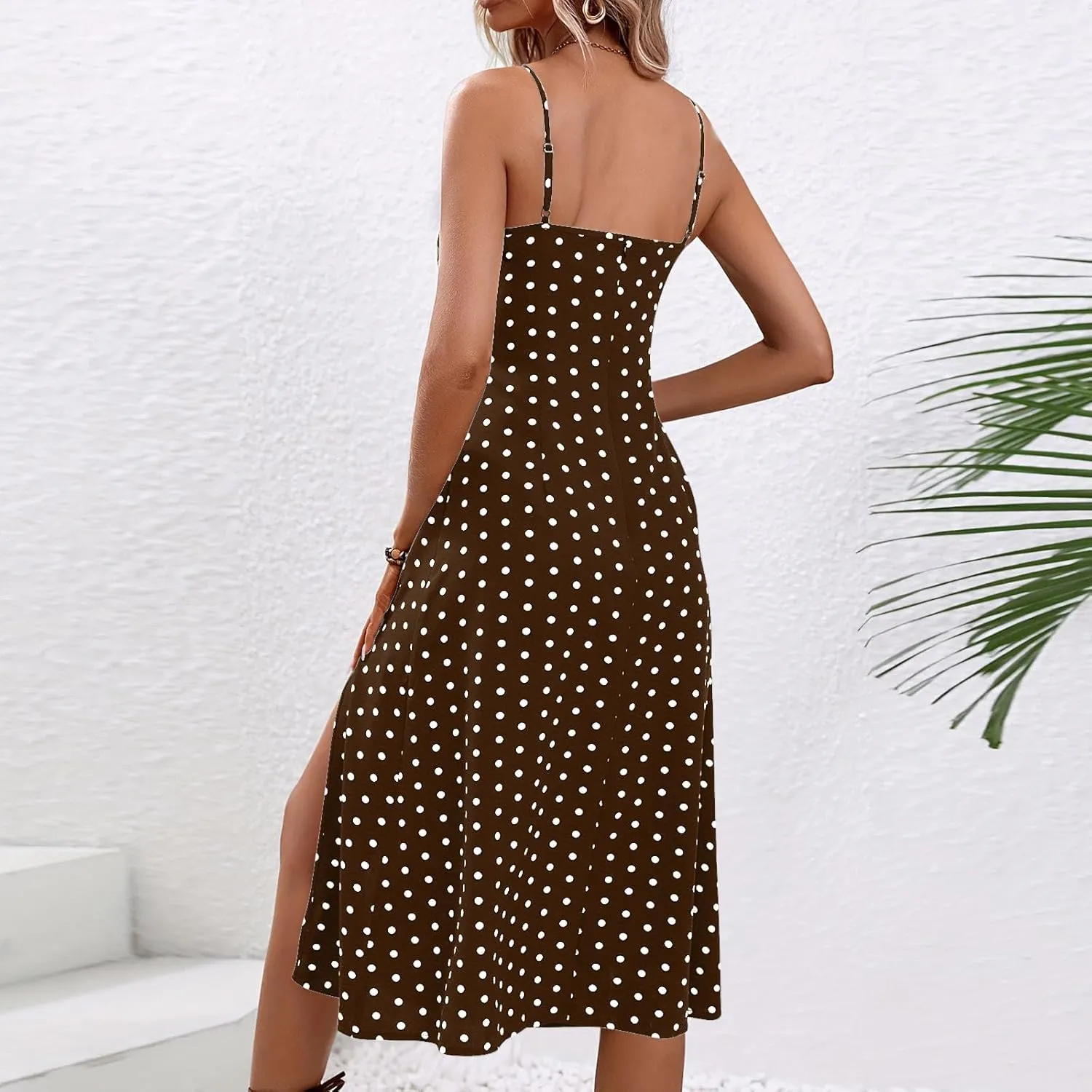 Spaghetti Strap Dresses for Women 2025 Polka Dot Dress Trendy Sleeveless Slit Summer Sundress Beach Holiday Sexy Dress