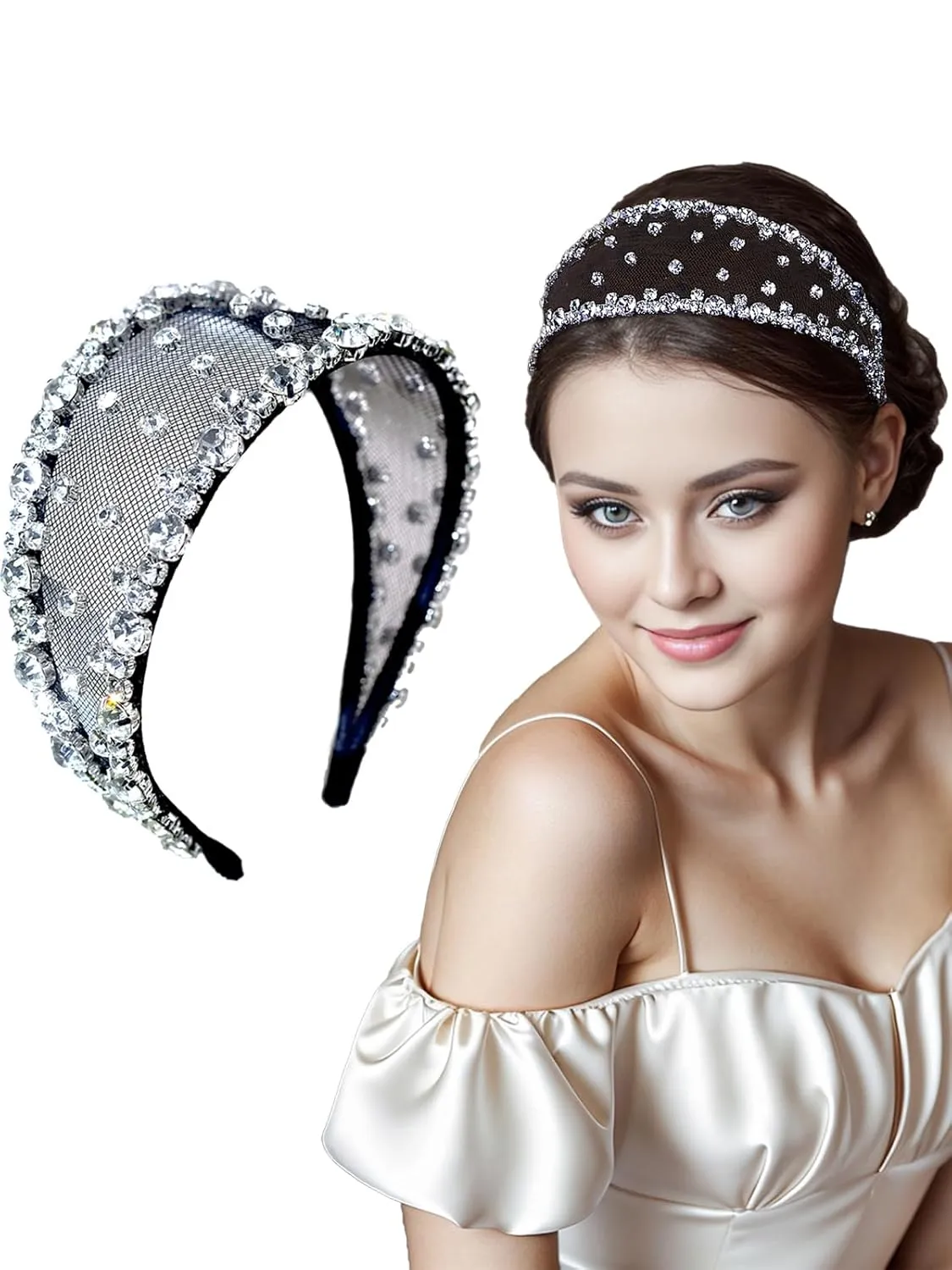 Sparkly Rhinestone Headband for Women, Crystal Baroque Mesh Hair Band, Wedding Party Hair Accessories for Bridal, Non-slip Wide Headpieces (silver)