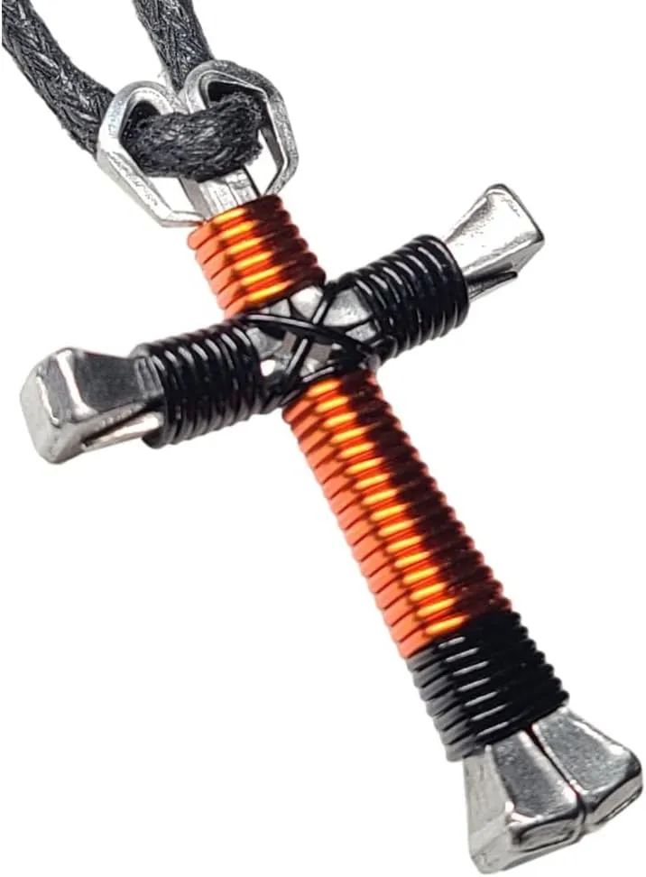 Sport - Orange & Black Horseshoe Nail Cross Necklace