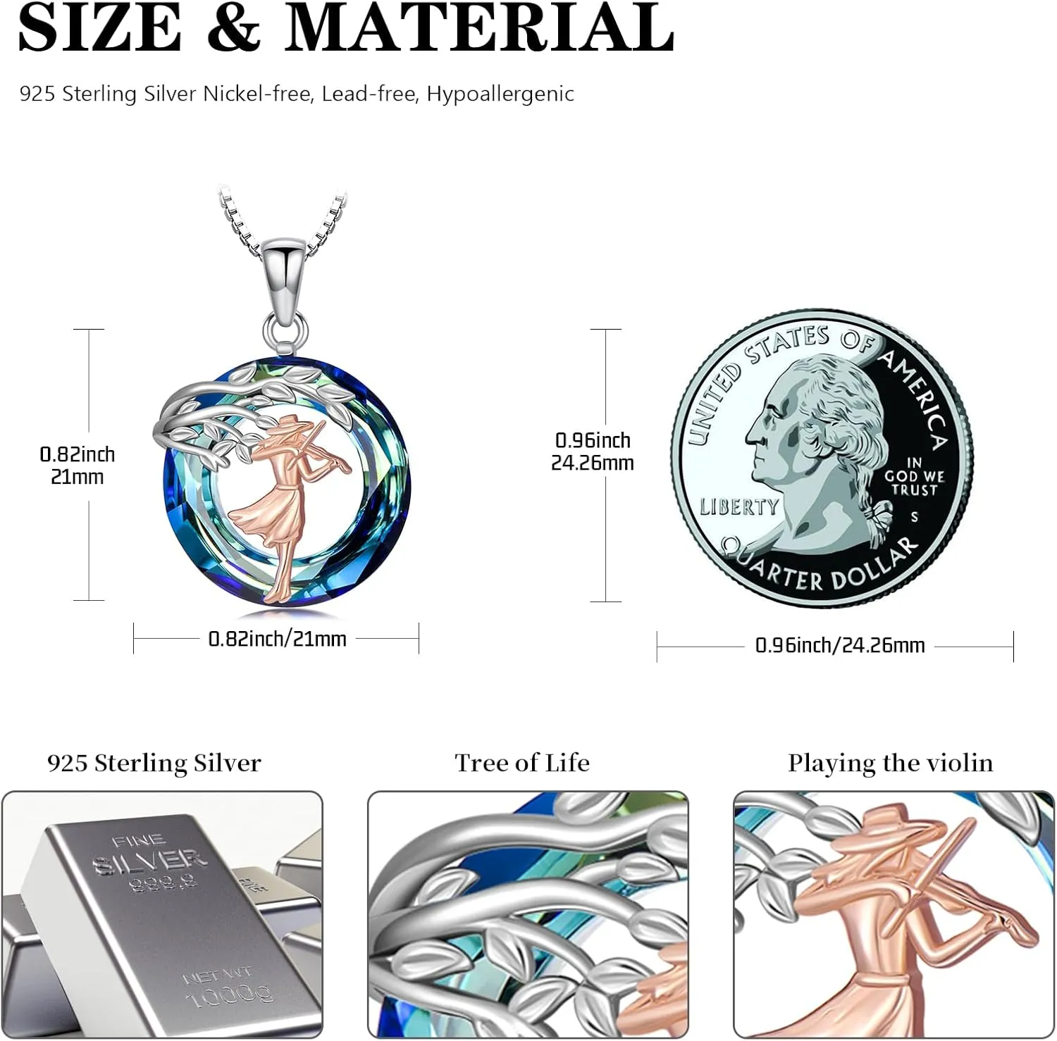 Sport/Music Necklace for Women 925 Sterling Silver Crystal Pendant Tree of Life Jewelry Gifts for Sport Players